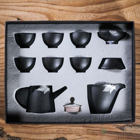 Набор посуды s67, Черный с листом, 9 предметов