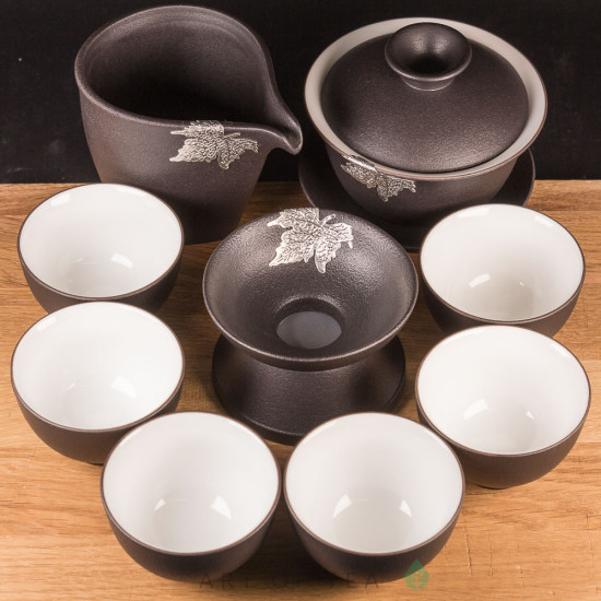 Набор посуды S72, Чёрный с листом, с гайванью, 9 предметов