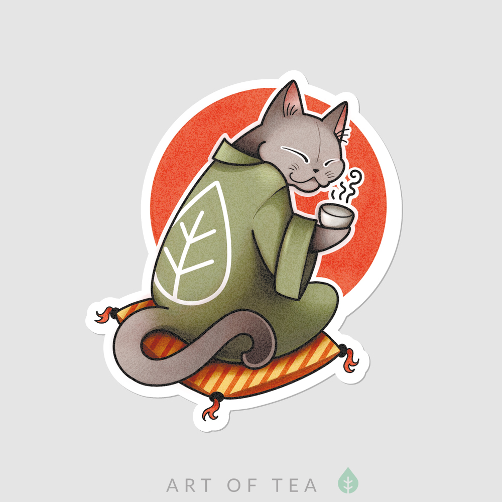 Виниловый стикер Котик в красном халате | Art of tea